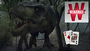 Publicit de Winamax qui se droule pendant la prhistoire avec un Tigre  dent de sabre, un mammouth, un T Rex et un homme des cavernes